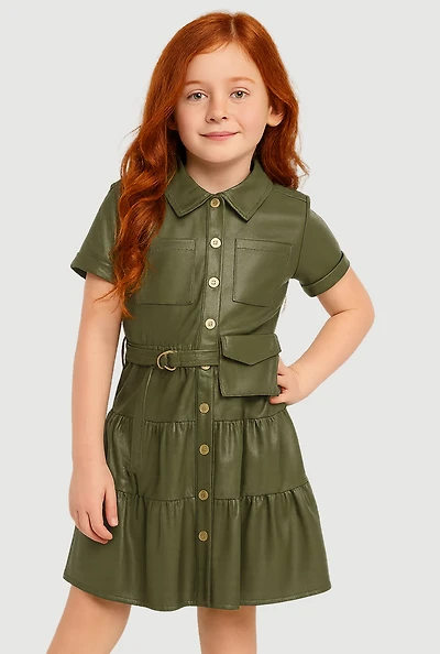 Little Girls Faux Leather Shirt Dress with Belt and Pouch, Green,