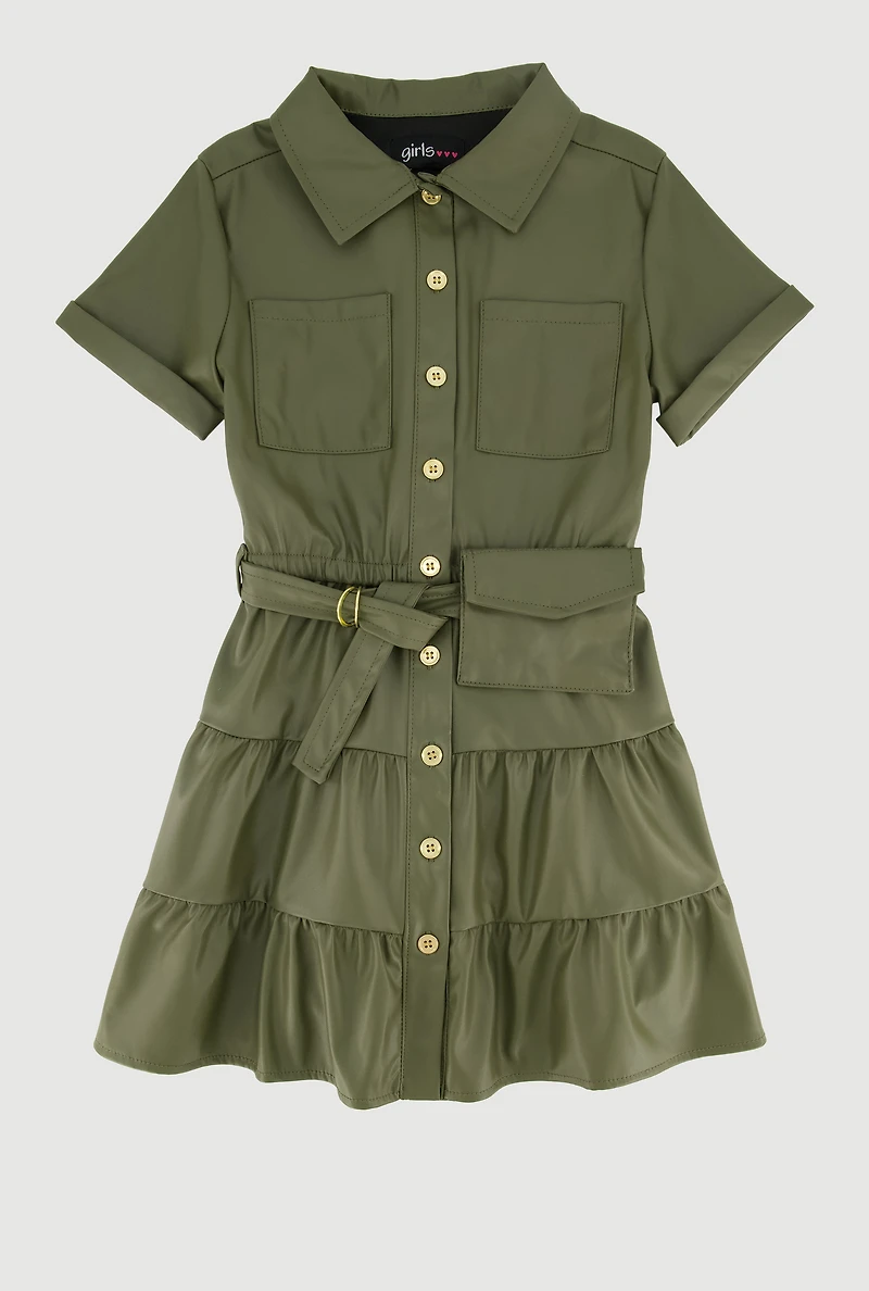 Little Girls Faux Leather Shirt Dress with Belt and Pouch, Green,