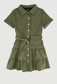 Little Girls Faux Leather Shirt Dress with Belt and Pouch, Green,