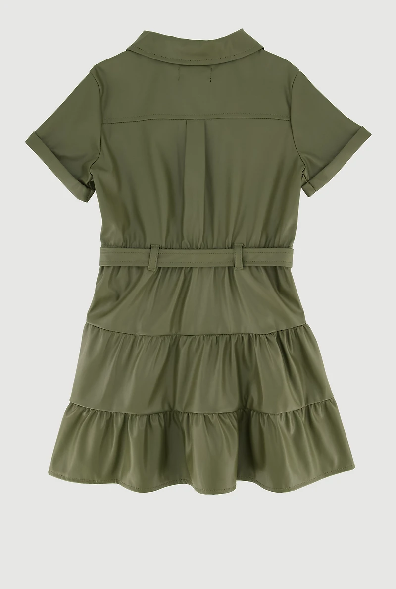 Little Girls Faux Leather Shirt Dress with Belt and Pouch, Green,