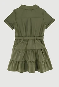 Little Girls Faux Leather Shirt Dress with Belt and Pouch, Green,