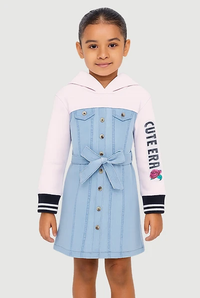Little Girls Cute Era Graphic Hooded Shirt Dress with Tie Waist Belt, Blue,