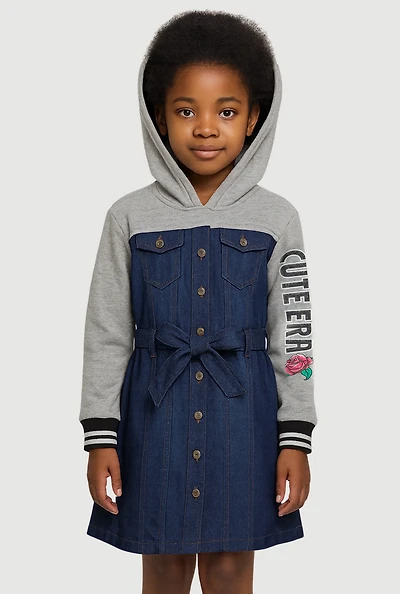 Little Girls Cute Era Graphic Hooded Shirt Dress with Tie Waist Belt, Blue,