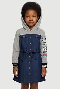 Little Girls Cute Era Graphic Hooded Shirt Dress with Tie Waist Belt, Blue,