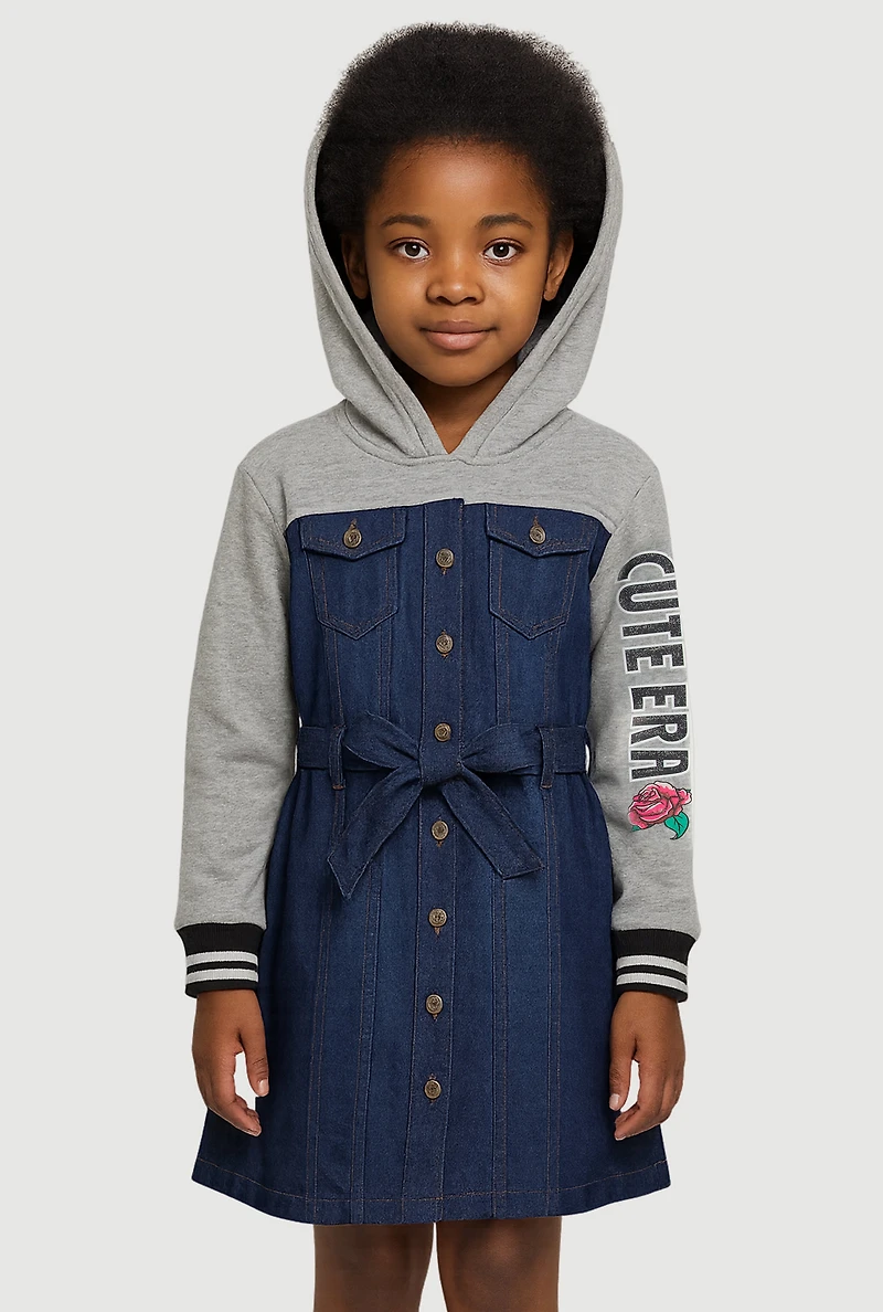 Little Girls Cute Era Graphic Hooded Shirt Dress with Tie Waist Belt, Blue, Size 6X