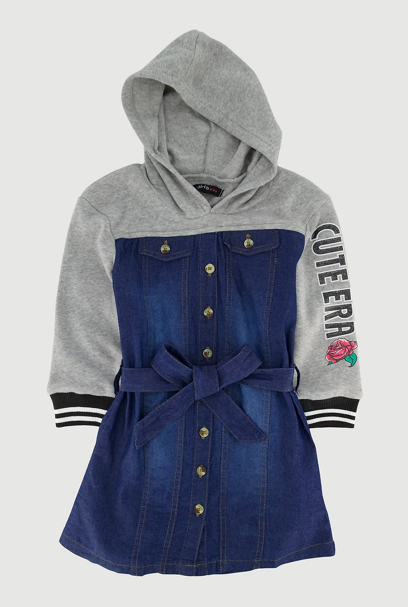 Little Girls Cute Era Graphic Hooded Shirt Dress with Tie Waist Belt, Blue,