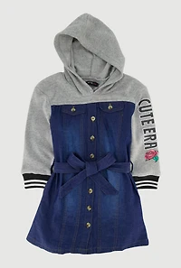 Little Girls Cute Era Graphic Hooded Shirt Dress with Tie Waist Belt, Blue,