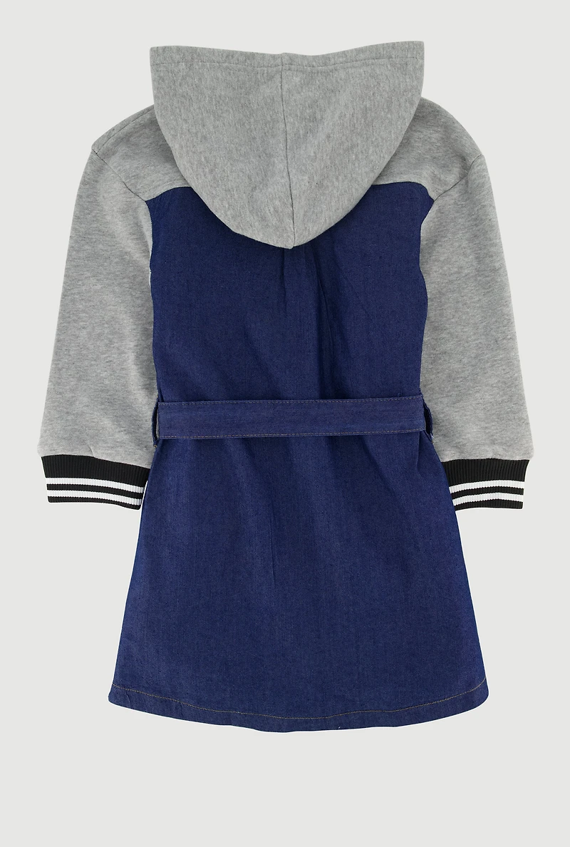 Little Girls Cute Era Graphic Hooded Shirt Dress with Tie Waist Belt, Blue,