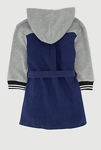 Little Girls Cute Era Graphic Hooded Shirt Dress with Tie Waist Belt, Blue,