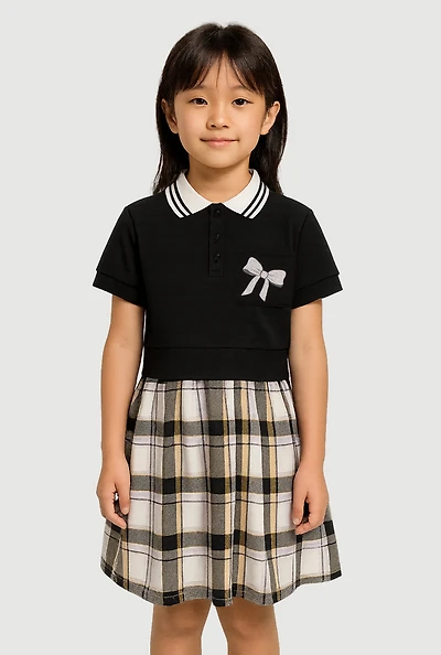 Little Girls Plaid Layered Look Bow Graphic Polo Dress, Black, Size 4