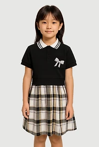 Little Girls Plaid Layered Look Bow Graphic Polo Dress
