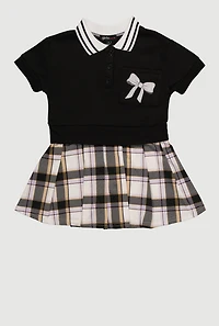 Little Girls Plaid Layered Look Bow Graphic Polo Dress, 6X
