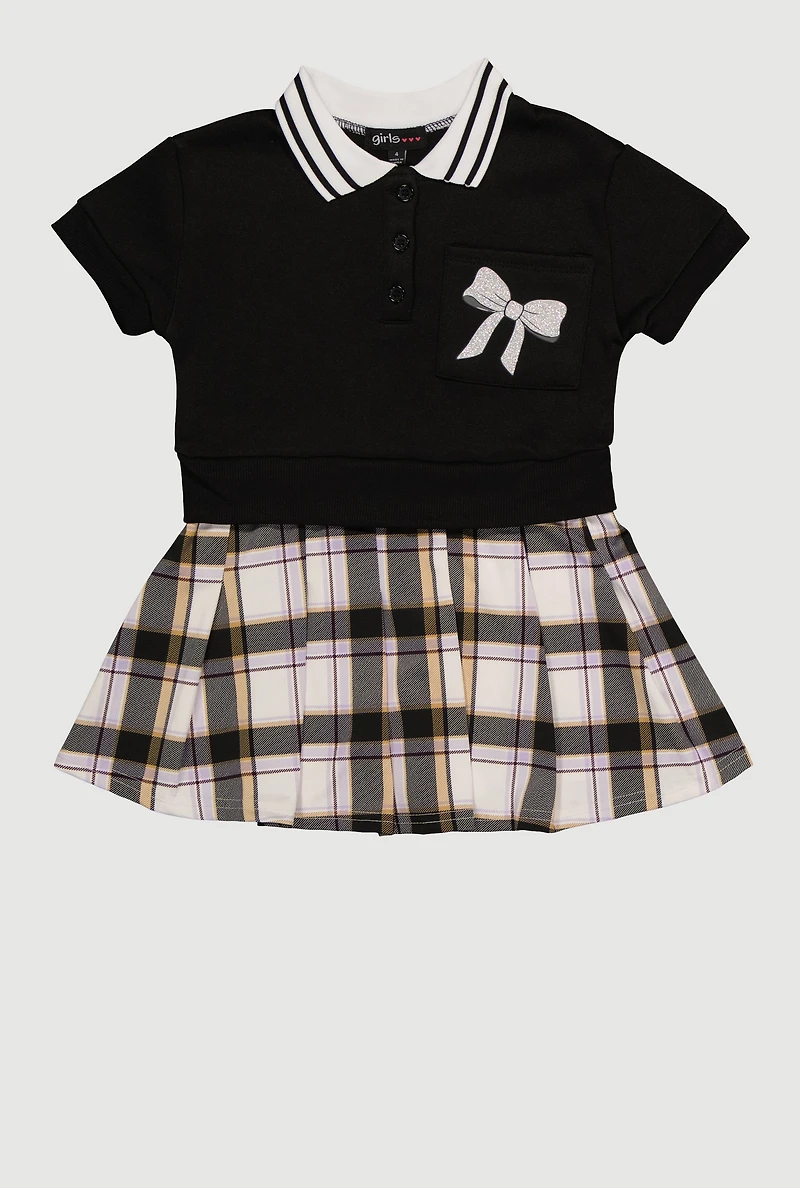 Little Girls Plaid Layered Look Bow Graphic Polo Dress,