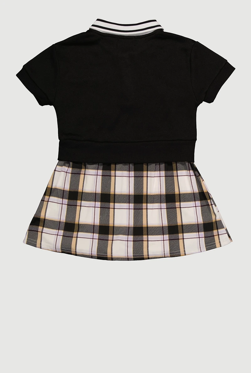 Little Girls Plaid Layered Look Bow Graphic Polo Dress, Black, Size 4