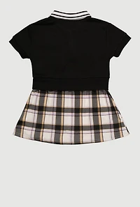 Little Girls Plaid Layered Look Bow Graphic Polo Dress