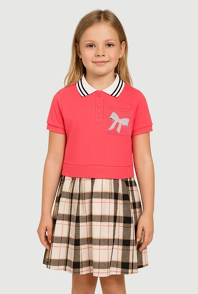 Little Girls Plaid Layered Look Bow Graphic Polo Dress, Pink, Size 5-6