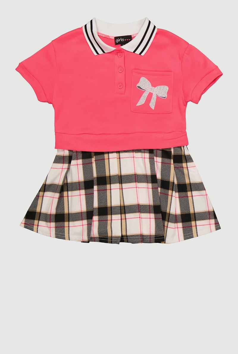 Little Girls Plaid Layered Look Bow Graphic Polo Dress, Pink, Size 5-6