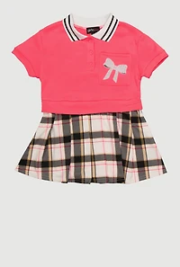 Little Girls Plaid Layered Look Bow Graphic Polo Dress, Pink, Size 5-6