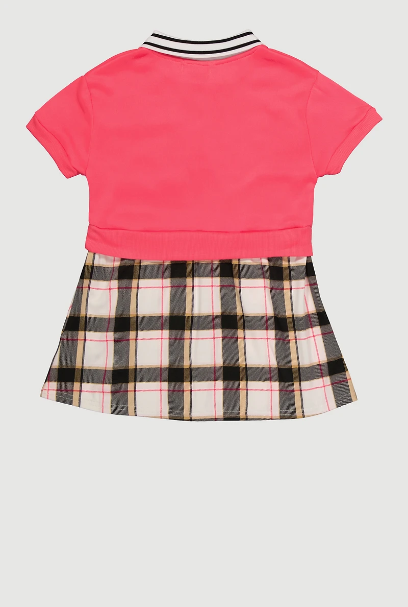 Little Girls Plaid Layered Look Bow Graphic Polo Dress, Pink, Size 5-6