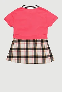 Little Girls Plaid Layered Look Bow Graphic Polo Dress, Pink, Size 5-6