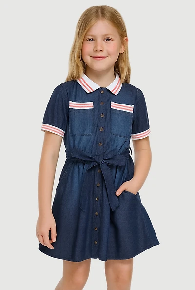 Little Girls Denim Shirt Dress with Tie Waist Belt, Blue, Size 6X