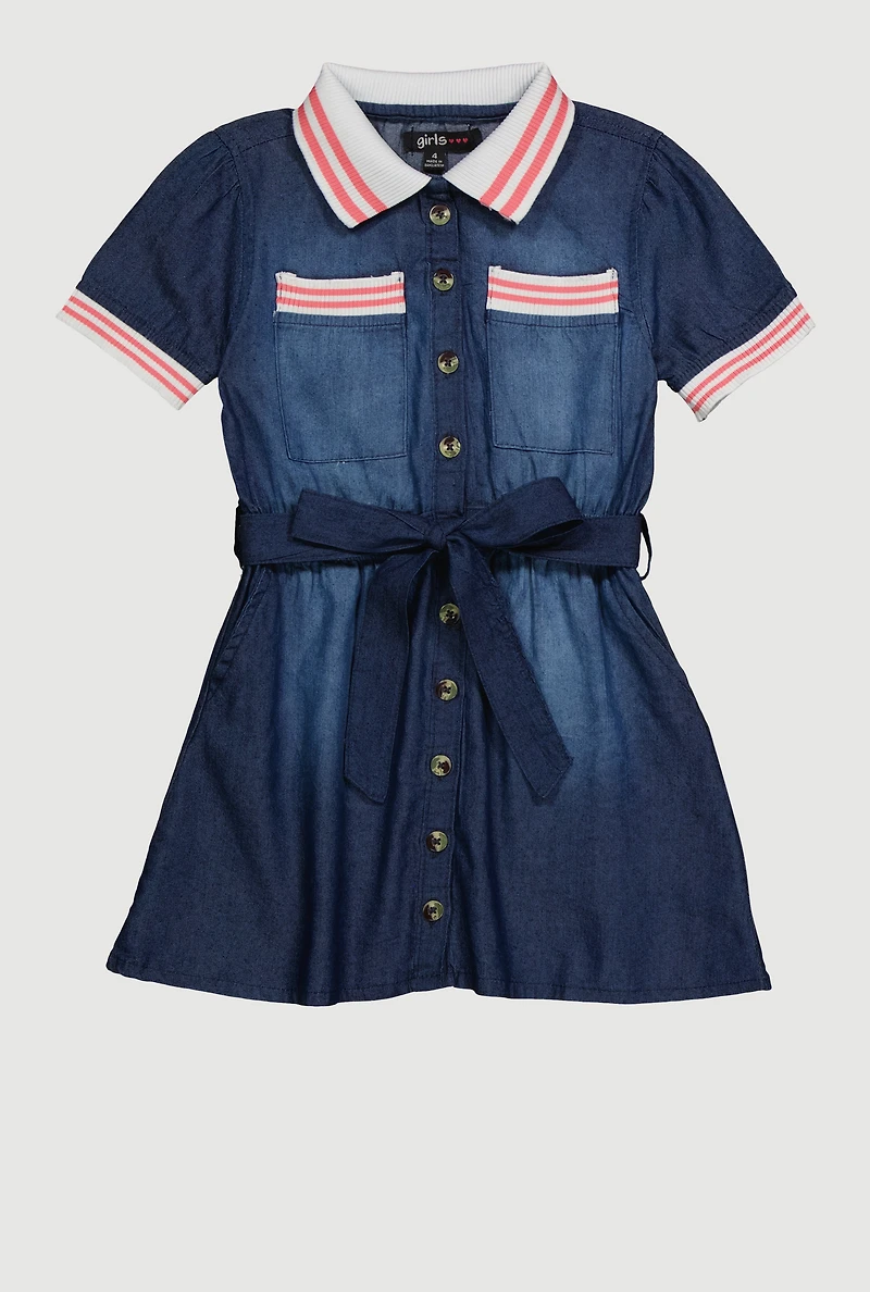 Little Girls Denim Shirt Dress with Tie Waist Belt, Blue, Size 6X