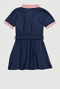 Little Girls Denim Shirt Dress with Tie Waist Belt, Blue, Size 6X