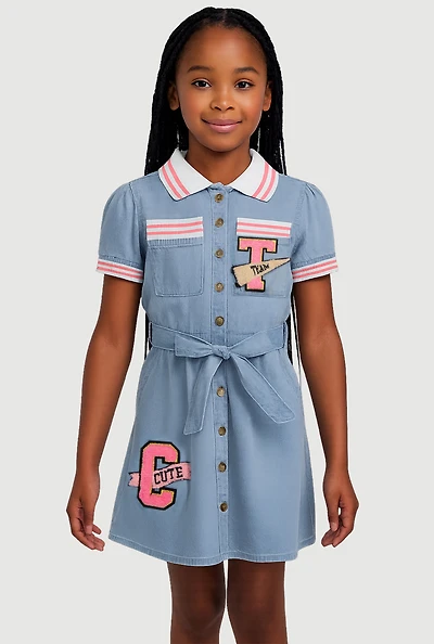 Little Girls Chenille Graphic Patch Denim Dress, Blue, Size 4