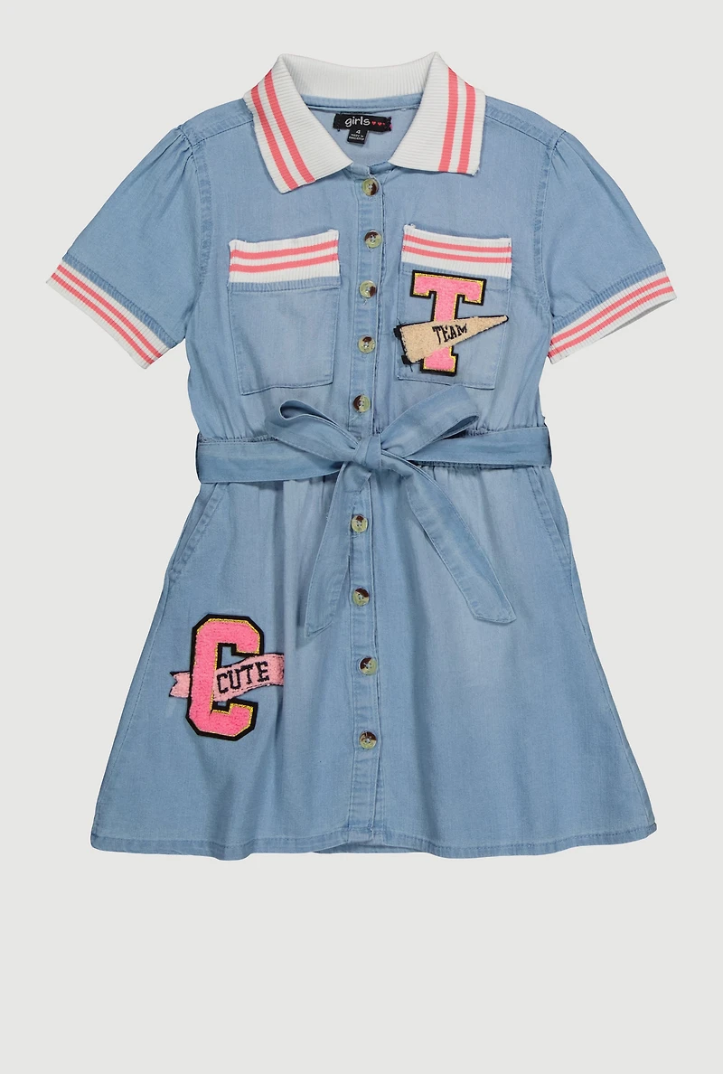 Little Girls Chenille Graphic Patch Denim Dress, Blue, Size 5-6
