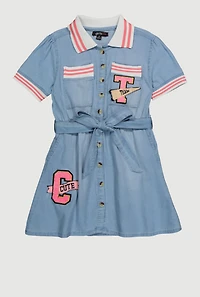 Little Girls Chenille Graphic Patch Denim Dress, Blue, Size 5-6