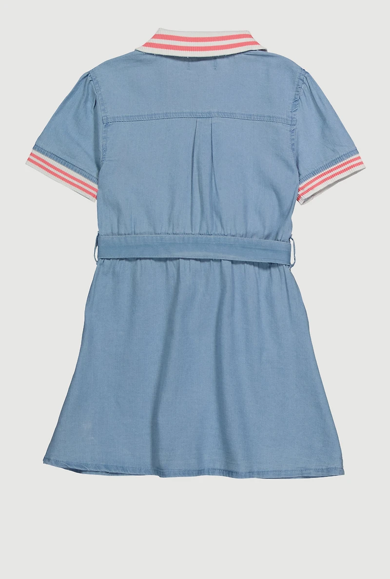 Little Girls Chenille Graphic Patch Denim Dress, Blue, Size 5-6