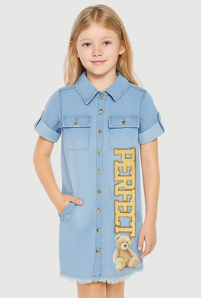 Little Girls Perfect Chenille Patch Denim Shirt Dress, Blue, Size 4
