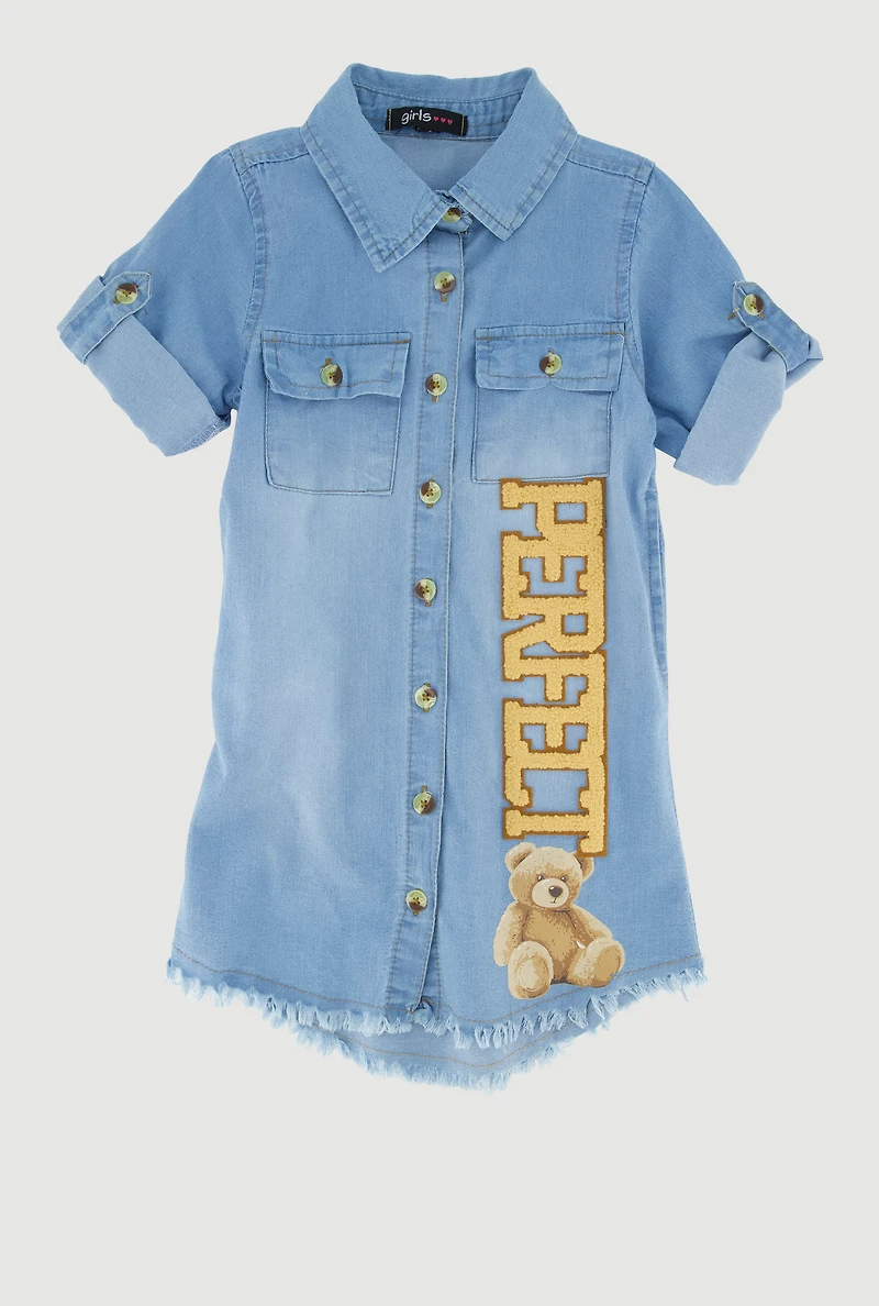 Little Girls Perfect Chenille Patch Denim Shirt Dress, Blue, Size 4