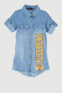 Little Girls Perfect Chenille Patch Denim Shirt Dress, Blue, Size 4
