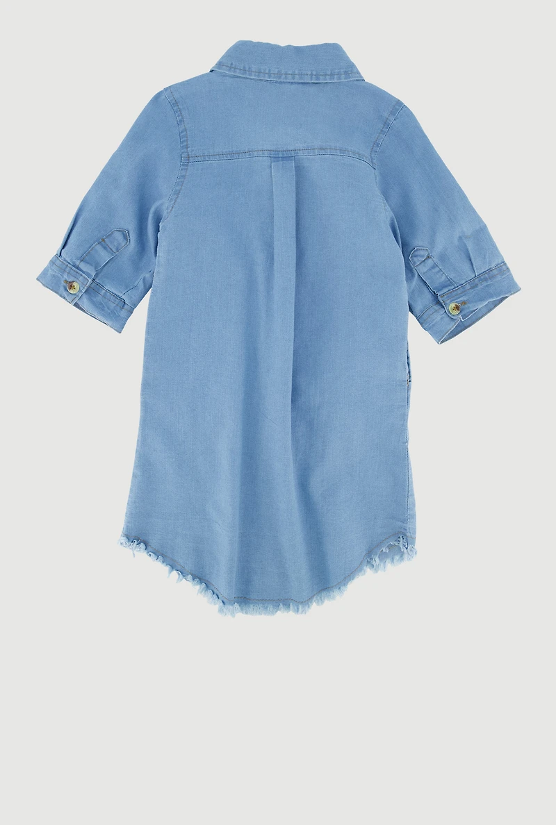 Little Girls Perfect Chenille Patch Denim Shirt Dress, Blue, Size 4