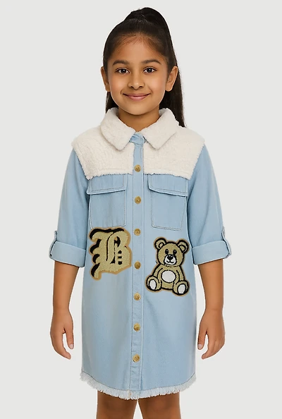 Little Girls Chenille Patch Sherpa Detail Denim Dress, Blue, Size 6X