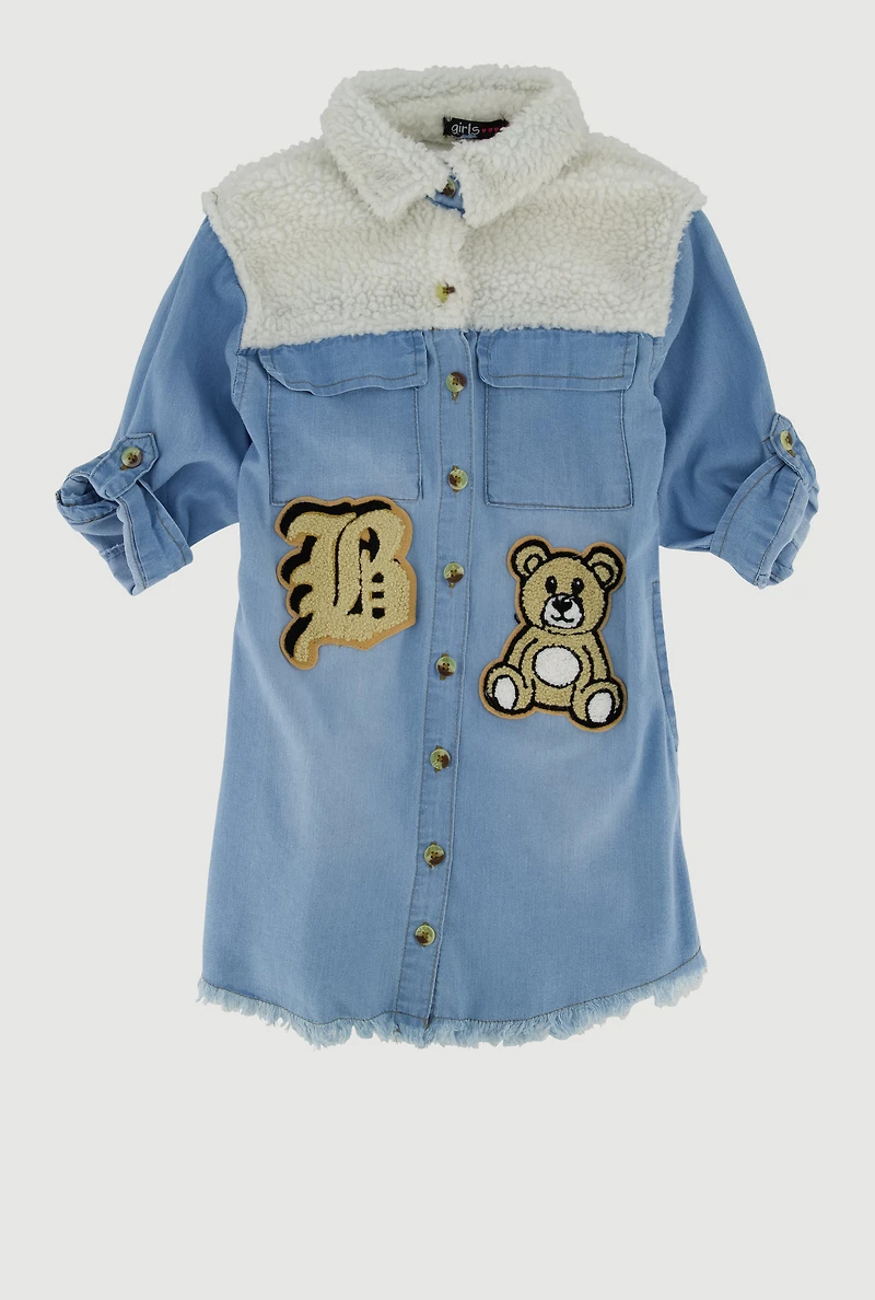 Little Girls Chenille Patch Sherpa Detail Denim Dress, Blue, Size 6X
