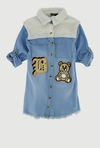 Little Girls Chenille Patch Sherpa Detail Denim Dress, Blue, Size 6X