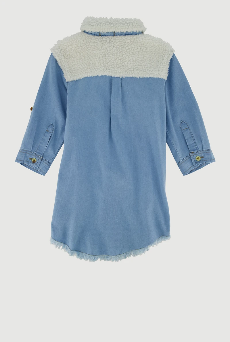 Little Girls Chenille Patch Sherpa Detail Denim Dress, Blue, Size 6X