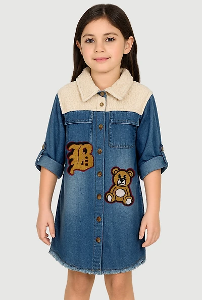 Little Girls Chenille Patch Sherpa Detail Denim Dress, Blue, Size 6X