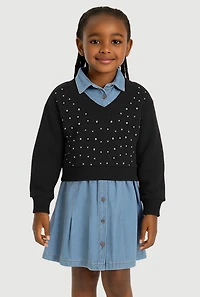 Little Girls Rhinestone Sweatshirt Layered Chambray Dress