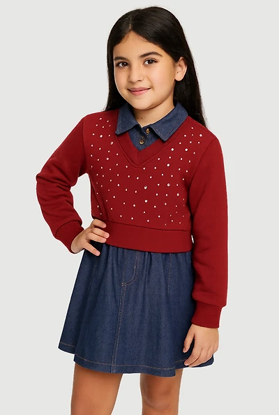 Little Girls Rhinestone Sweatshirt Layered Chambray Dress, Multi, Size 5-6