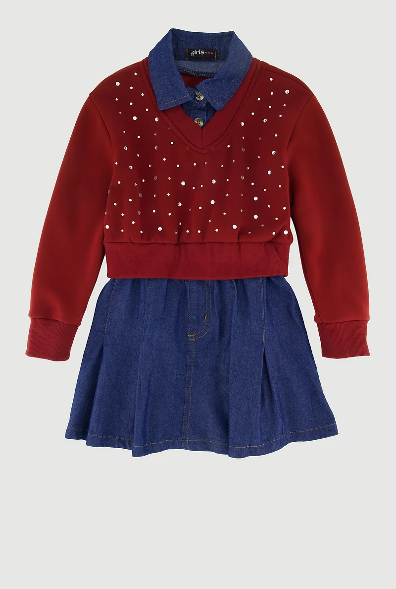 Little Girls Rhinestone Sweatshirt Layered Chambray Dress, Multi, Size 5-6