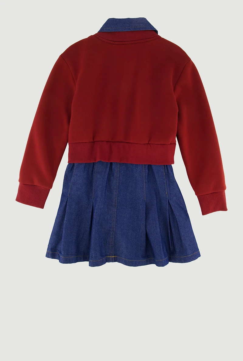 Little Girls Rhinestone Sweatshirt Layered Chambray Dress, Multi, Size 5-6