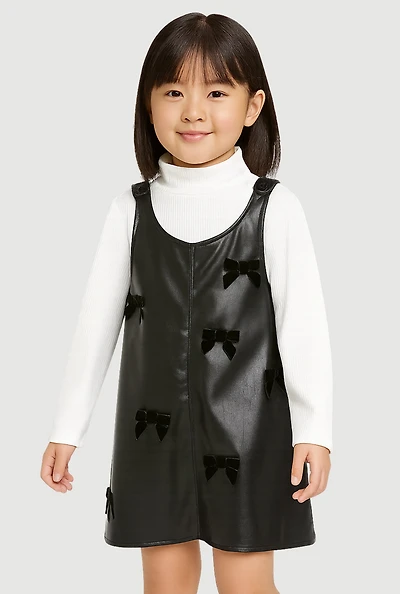 Little Girls Faux Leather Bow Dress with Long Sleeve Top, Black, Size 6X