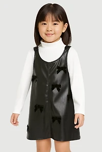 Little Girls Faux Leather Bow Dress with Long Sleeve Top, Black, Size 6X