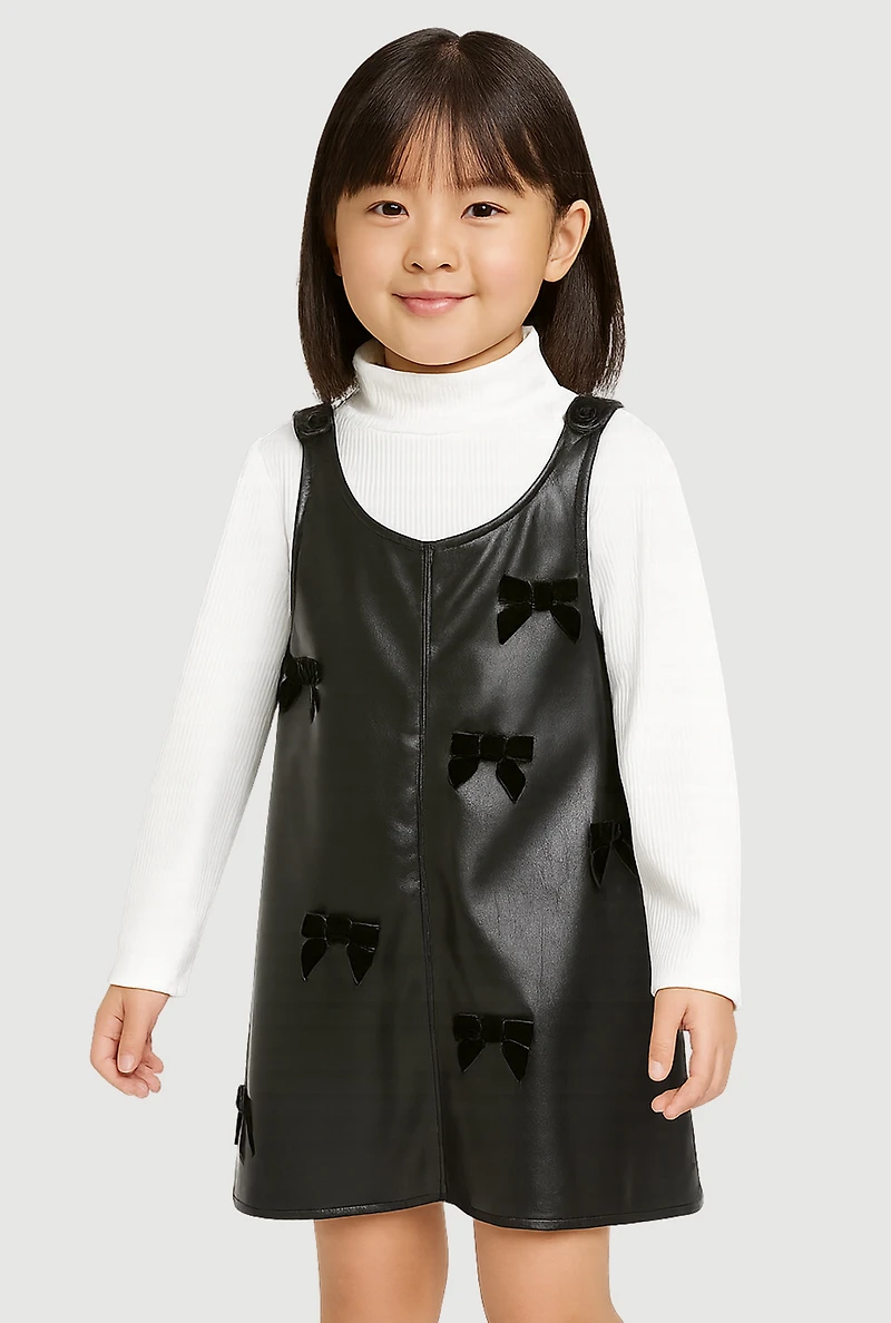 Little Girls Faux Leather Bow Dress with Long Sleeve Top, Black, Size 4