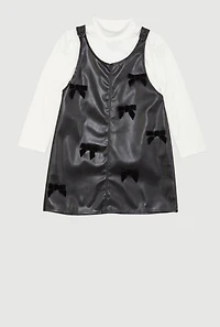 Little Girls Faux Leather Bow Dress with Long Sleeve Top, Black, Size 6X