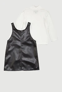 Little Girls Faux Leather Bow Dress with Long Sleeve Top, Black, Size 6X