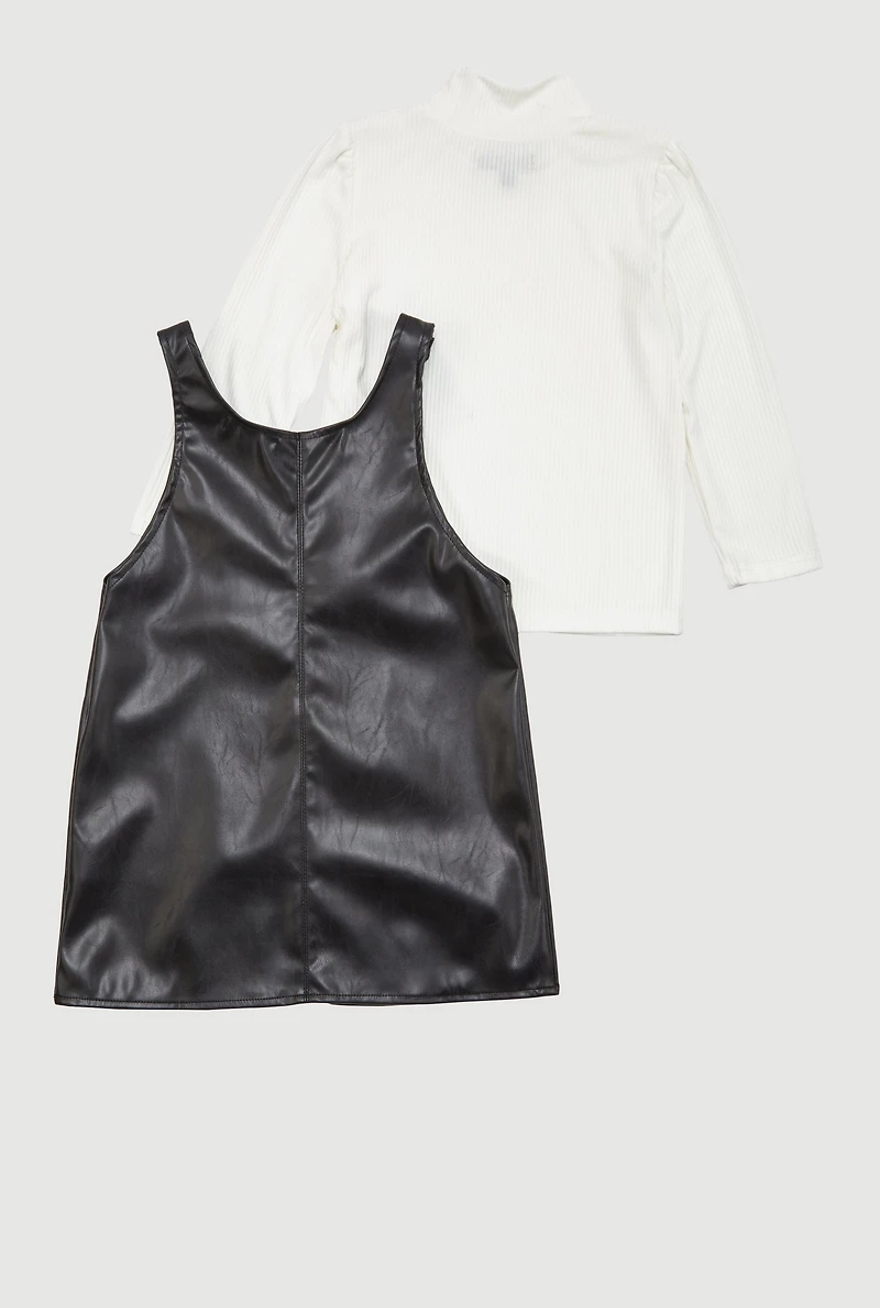 Little Girls Faux Leather Bow Dress with Long Sleeve Top, Black, Size 4